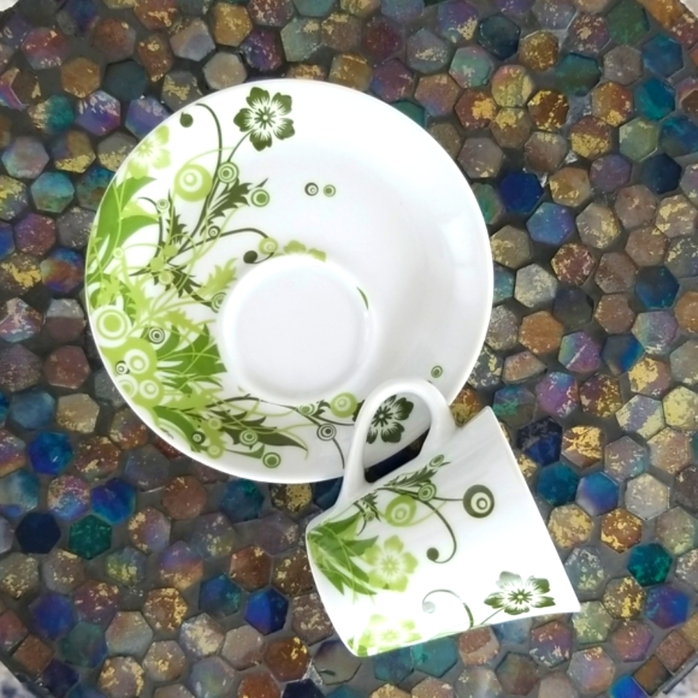 1 espresso cup & saucer. Toscana.   Green floral design NWOT. 2 oz